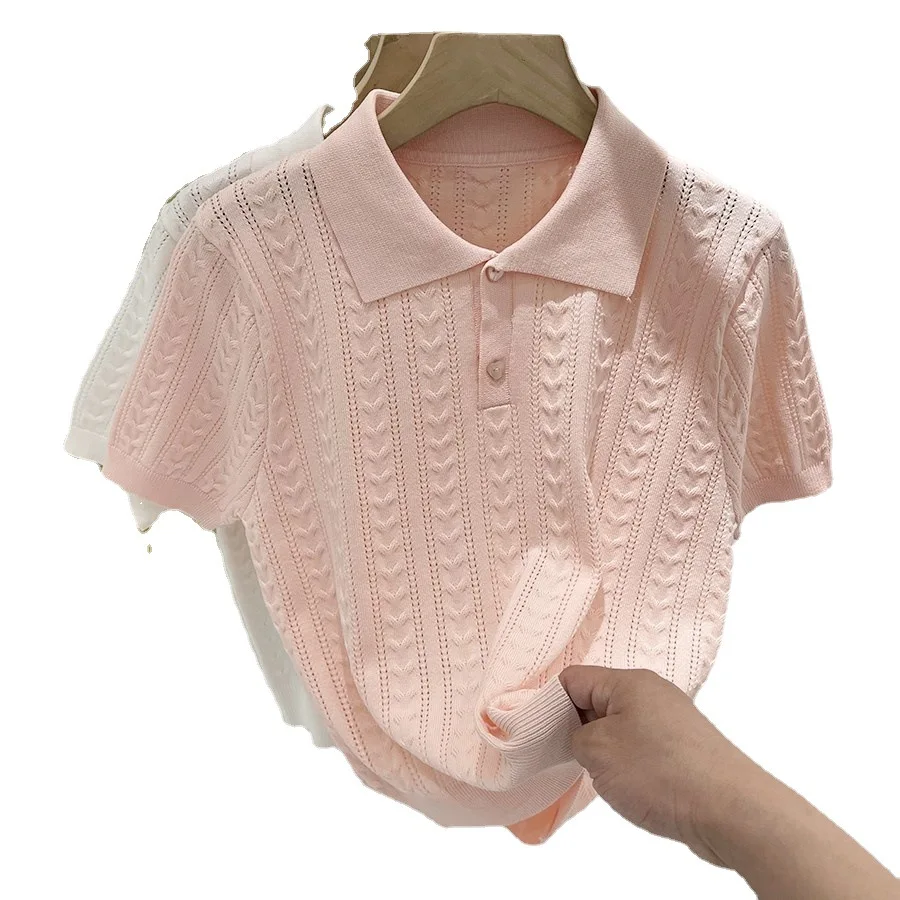 

2024 summer new soft waxy neck ice silk knitted sweater women's short-sleeved design sense niche short thin top