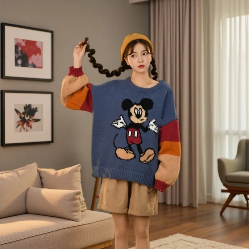 

Новый зимний вязаный свитер для женщин с Микки — нишевый контрастный цвет, милый свободный крой, повседневный пуловер, модный стильный топ ​
