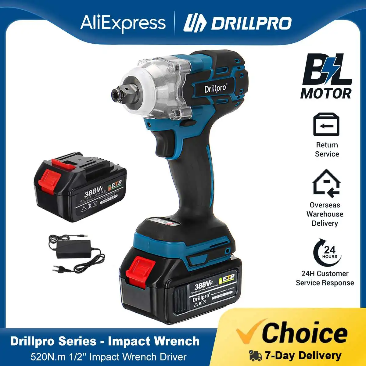 

Drillpro 520N.M Brushless Electric Impact Wrench Ratchet Cordless 1/2 inch Screwdriver Power Tools for 18V Battery