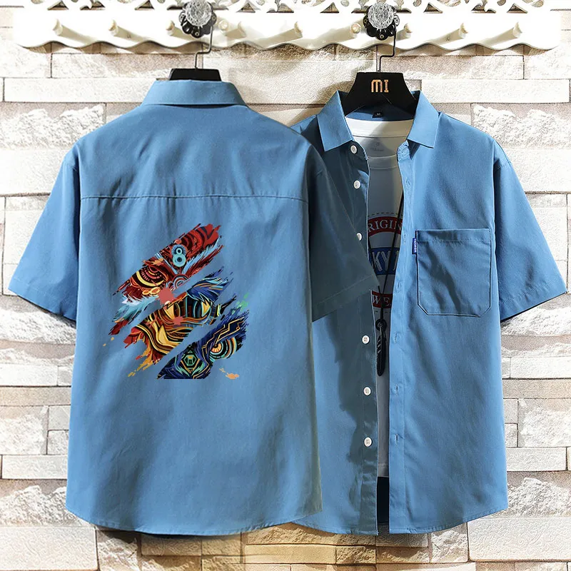 

New Summer Men's Casual Loose ort Sve Ice Silk irt Thin f Sve Breathable Polyester Fiber Youth Faion Blue Top