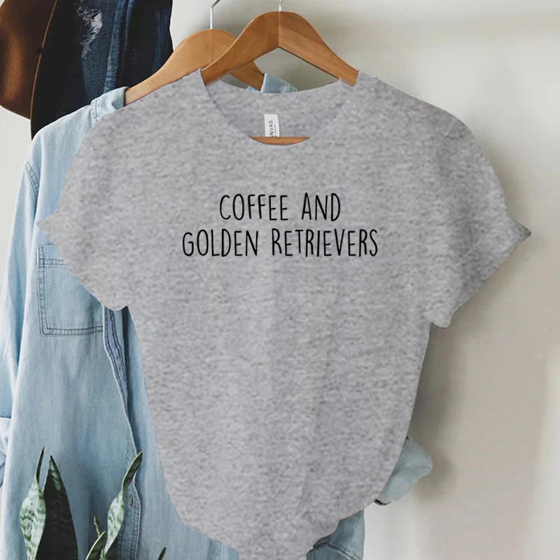 Coffee and Golden Retrievers Shirt Dog Lover Gift T-shirt Female Women\'s Clothing Round Neck Casual Tops Women\'s Clothing Sales