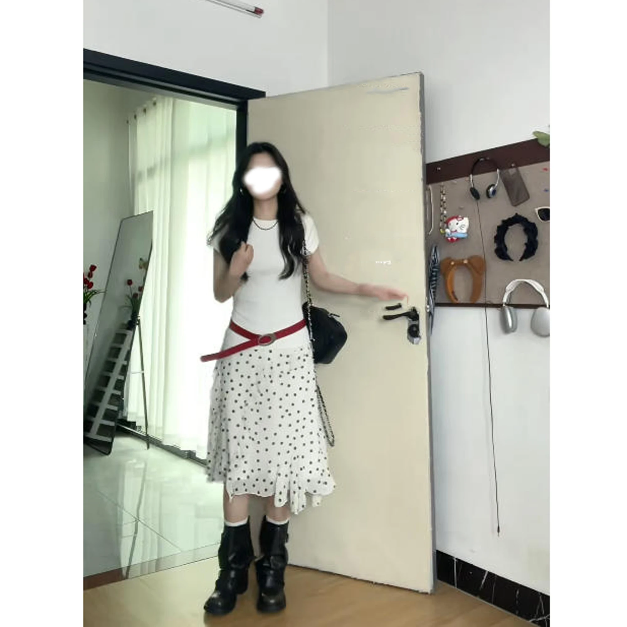 

High Waist A-Line Skirt Polka Dot Chiffon Women's Summer New Style Casual Thin Splice Asymmetrical Mid-Length Skirt