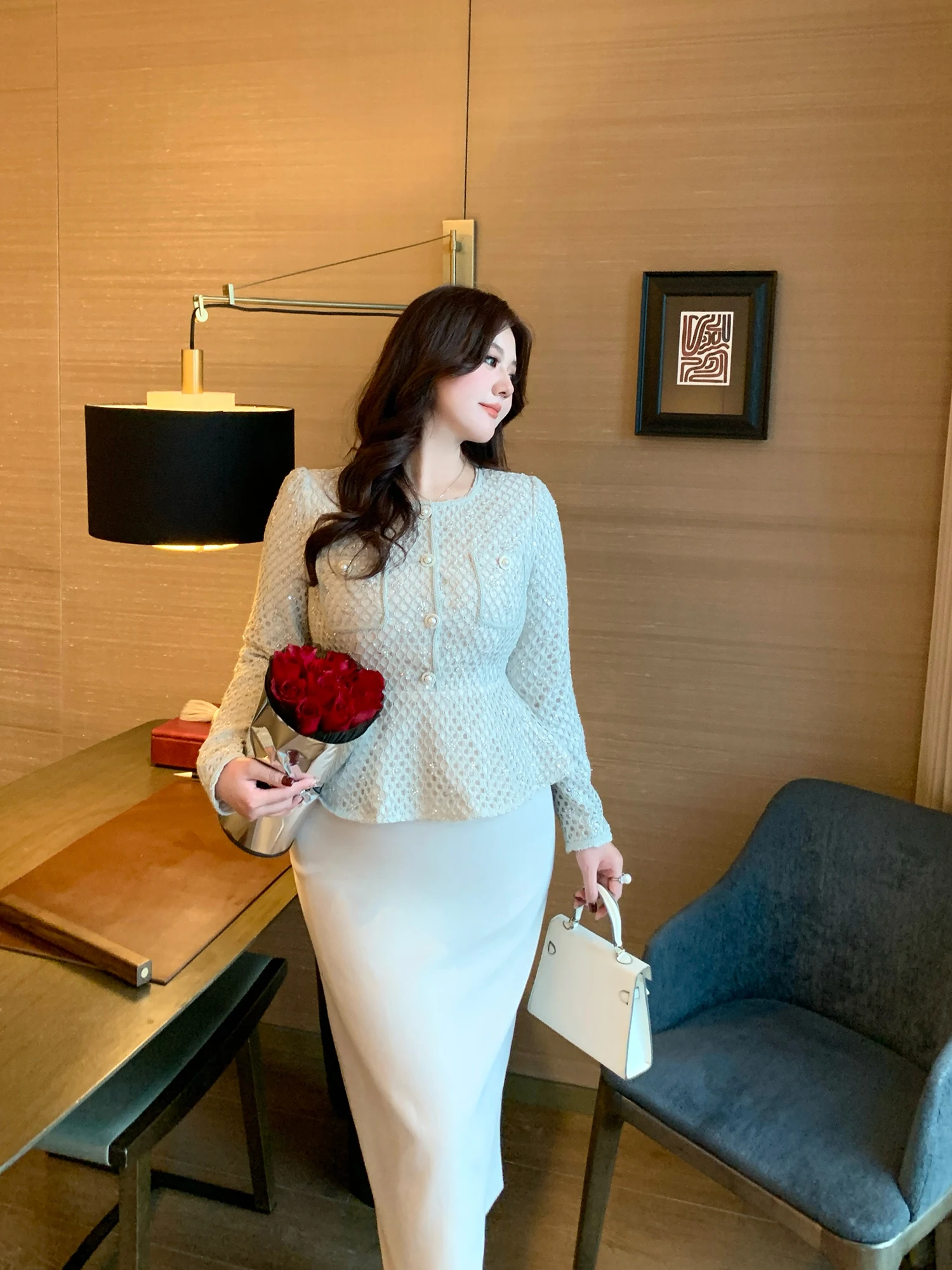 

GLEC plus Size Luxury Sle Lace Trim Dr Ele Ci Commute High Waist Polyester Fiber Long Sve mid Length Pencil Skirt