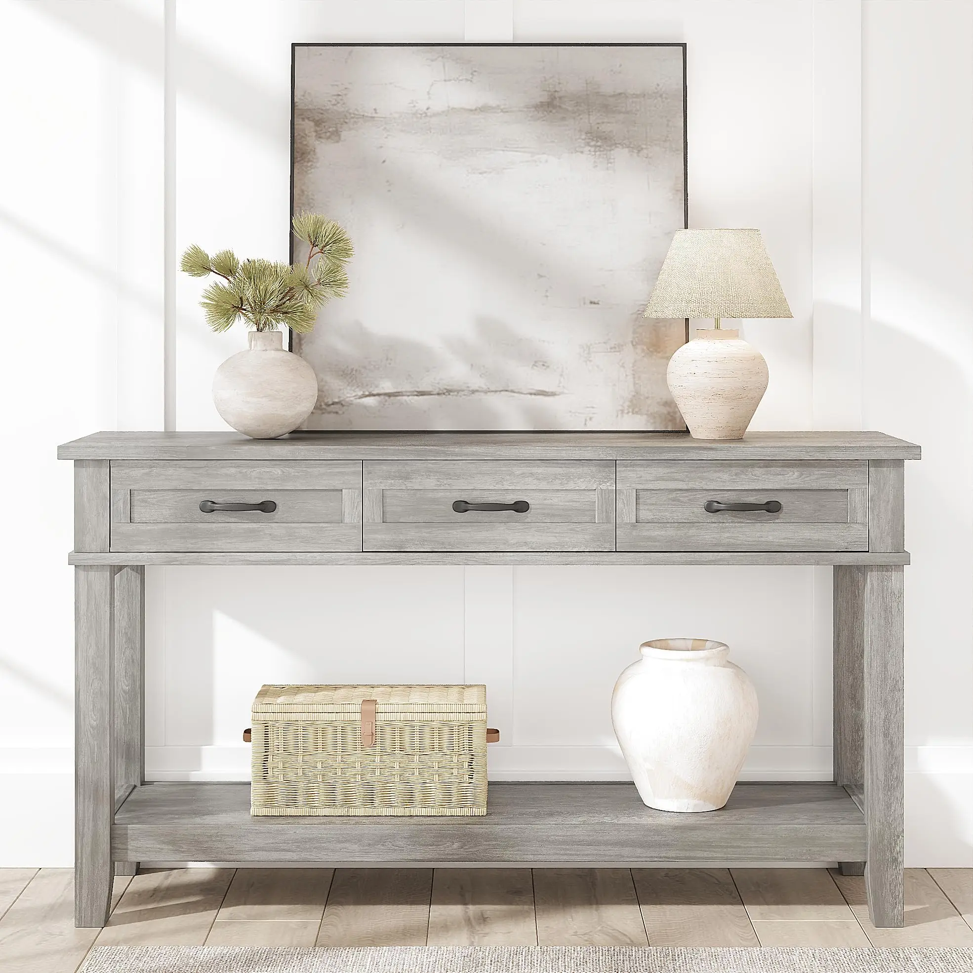 GarveeLife Farmhouse Console Table 54-Inch – 3 Drawers with Storage Shelf – Narrow Sofa Table for Living Room, Hallway, Foyer, Kitchen – Gray