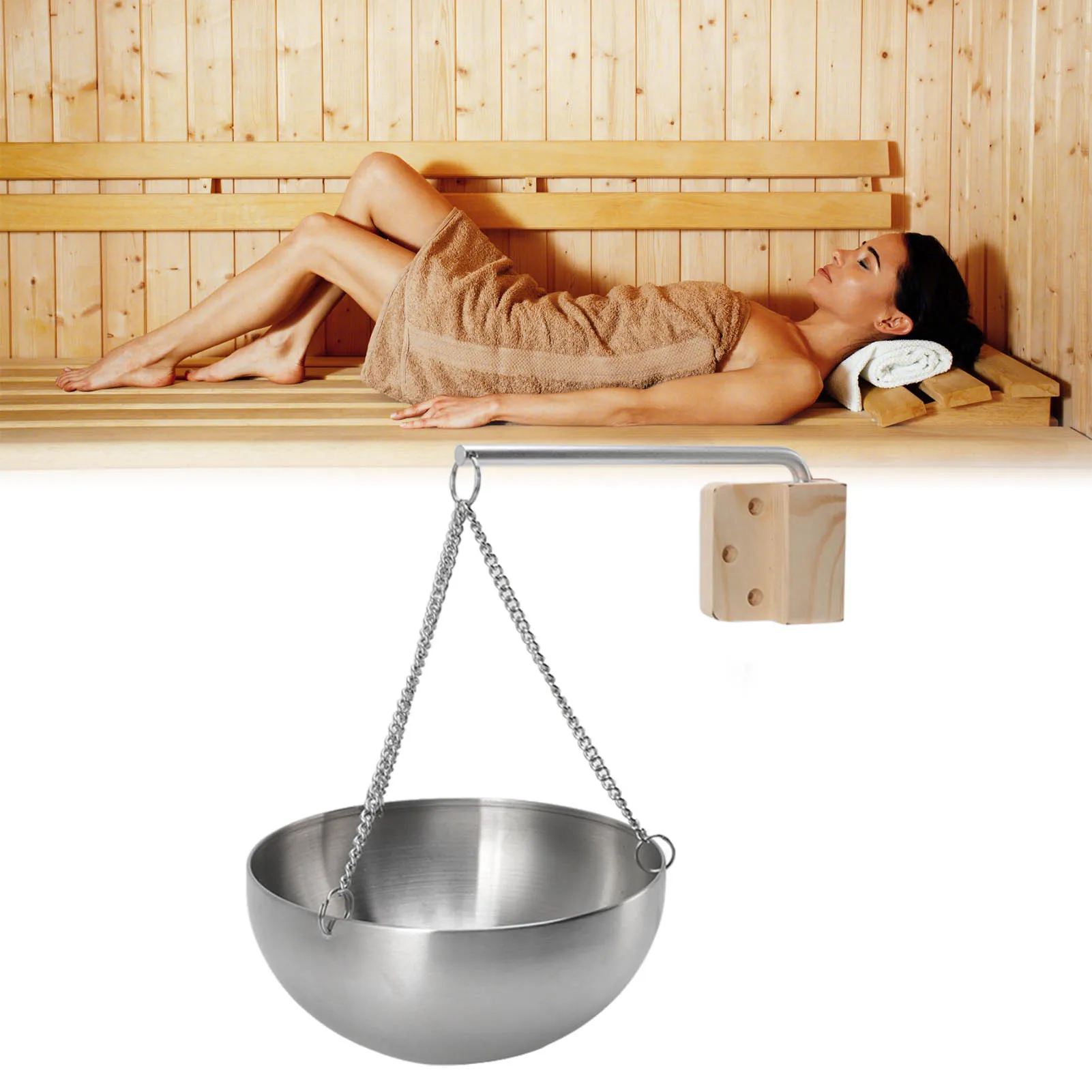 

stainless steel Sauna bowl Hanging Aromatherapy Oil Cup with Wooden Block Incense Function For Sauna Room