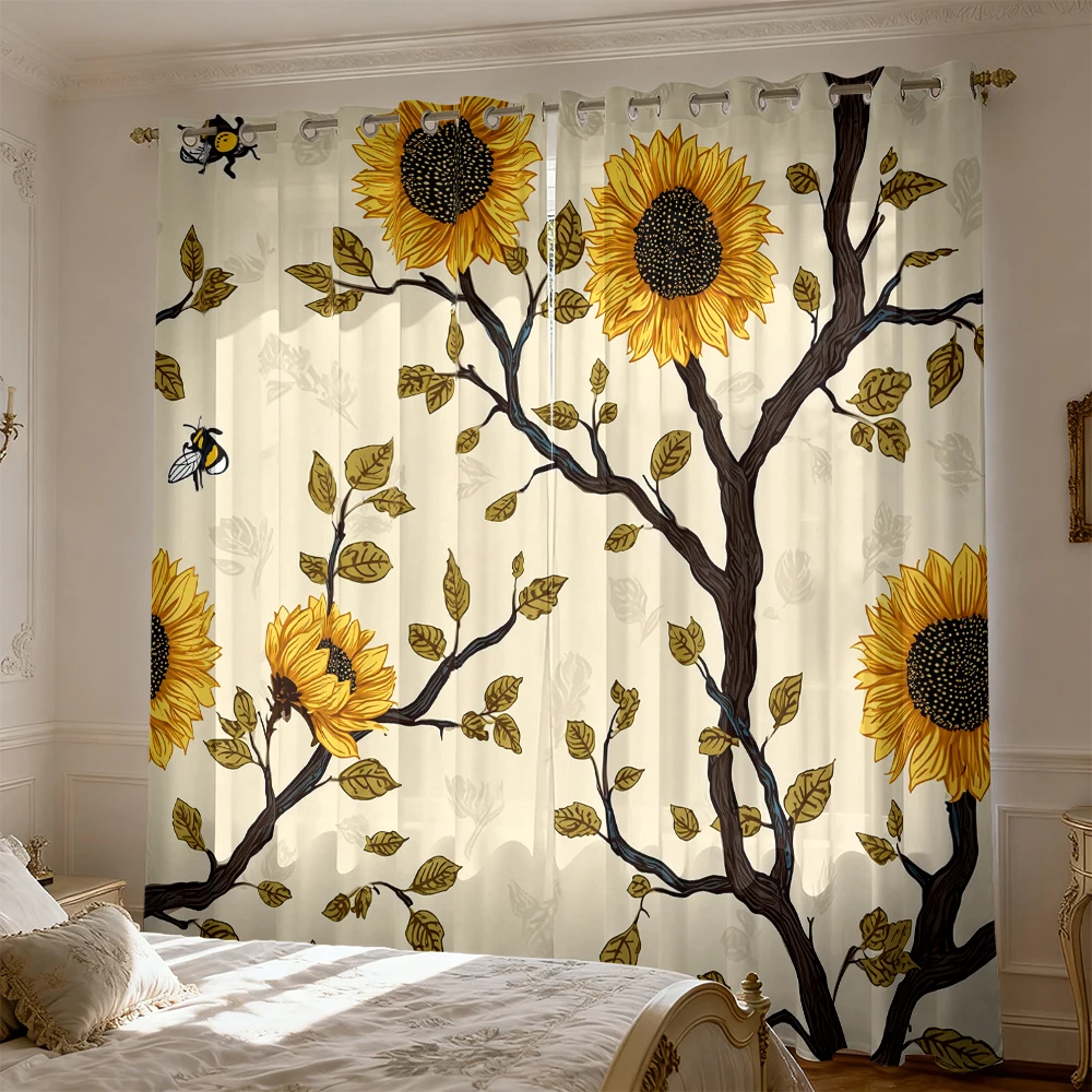 2pcs Vintage Hand-painted Sunflowers Branches Bees Decorative Blackout Curtains for Living Room Bedroom
