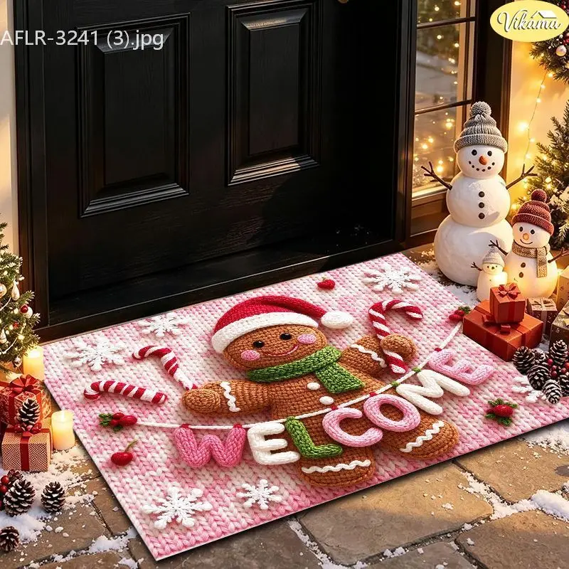 VIKAMA Pink Welcome Gingerbread Entryway Rug Non Slip Low Profile Mats for Outside Front Door Xmas Winter Decor Washable