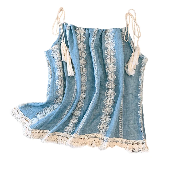 Summer Embroidered Sleeveless Camisole For Women Vintage Tassel Casual Loose Vests Fashion Beach Vacation Style Female Tops