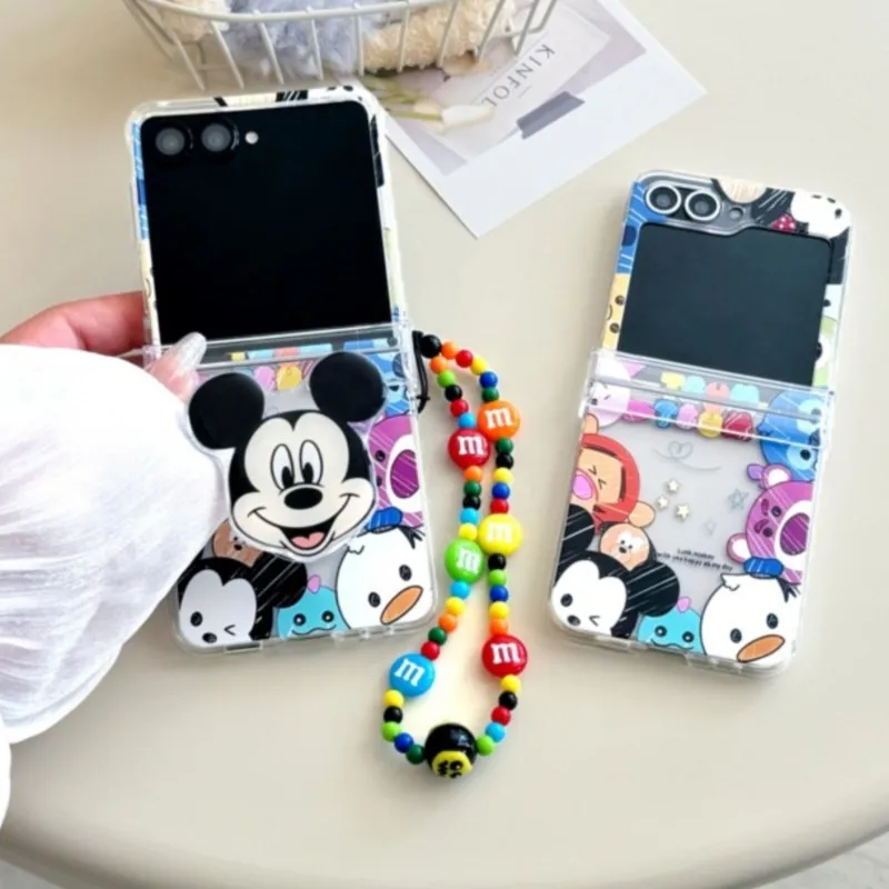 Funda para teléfono plegable Samsung de Disney Mickey Mouse con cordón y soporte, diseño de dibujos animados, funda protectora para Z Flip 3/4/5/6/7 FE