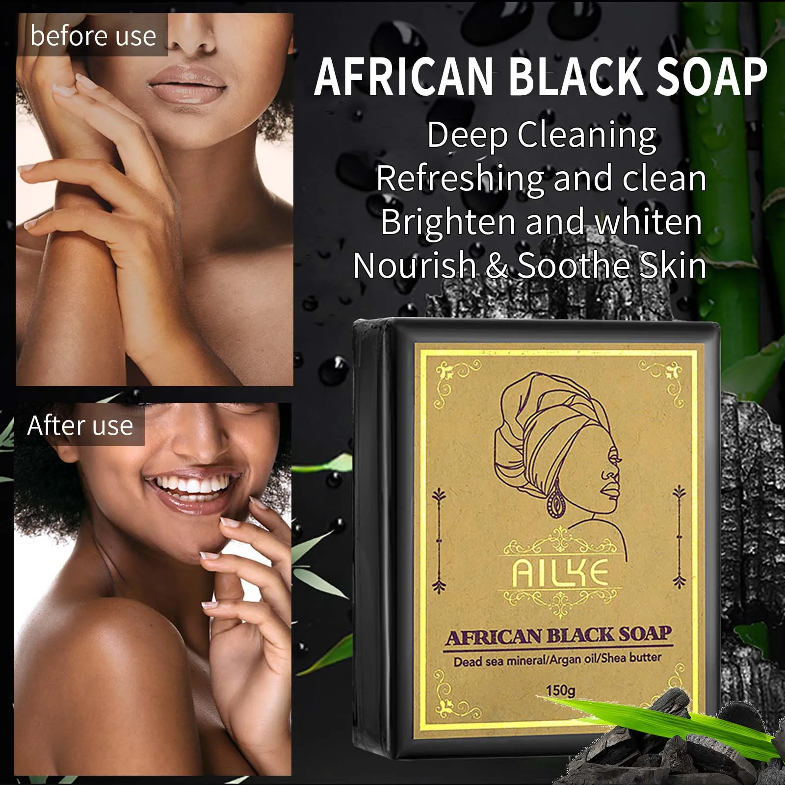 AILKE African Natural Black Soap, Deep Cleansing, Power Oil Control, Moisturizing Nourishing,whitening Brightening Body Wash