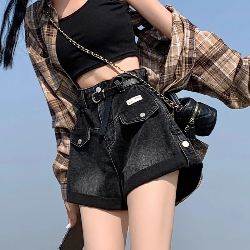 

Свободные джинсы трапециевидной формы с высокой талией, женские тонкие летние дизайнерские широкие шорты, темно-цветные хлопковые эластичные джинсы