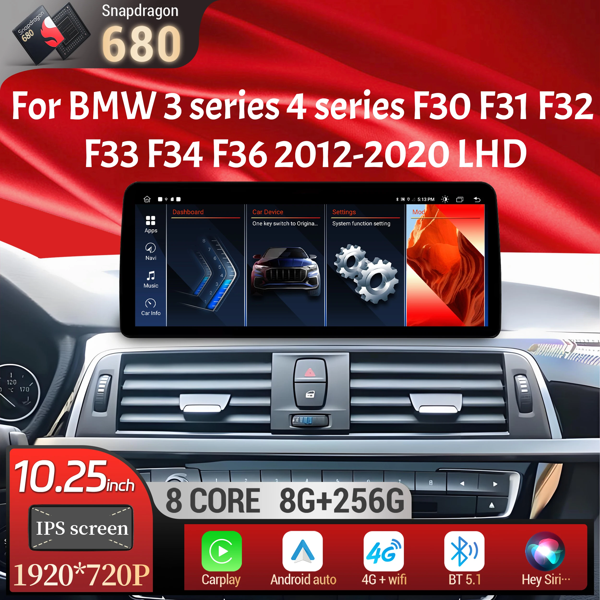 10.25 inch LHD Android 13 For BMW 3 series 4 series F30 F31 F32 F33 F34 F36 2012-2020 Car Radio BT Carplay Snapdragon 680 Screen