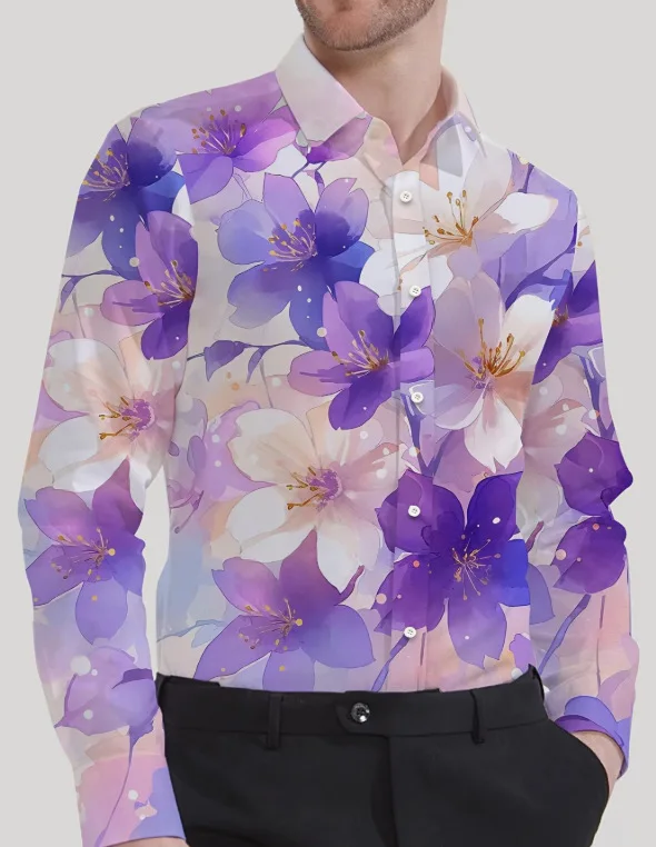 New Men's Curly Grass Stripe 3D Printed Shirt Men's Lapel Long Sleeve Multi-Style Business Fashion Western Casual Vacation Top