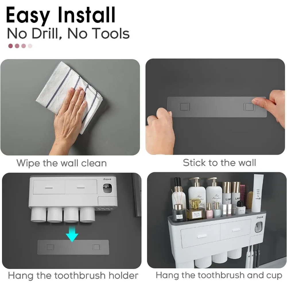iHave Toothbrush Holders for Bathrooms, 4 Cups Toothbrush Holder Wall Mounted with Toothpaste Dispenser - Large Capacity Tray,