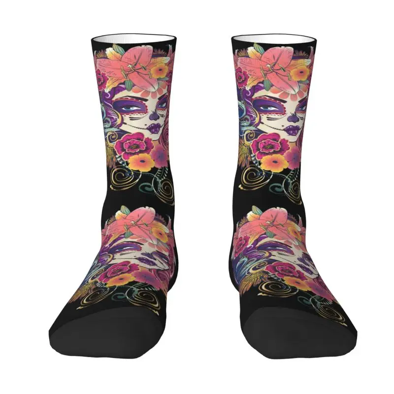 

Kawaii Men's Calavera Girl With Flowers Sugar Skull Dress Socks Unisex Breathbale Warm 3D Printed Day Of The Dead Crew Socks