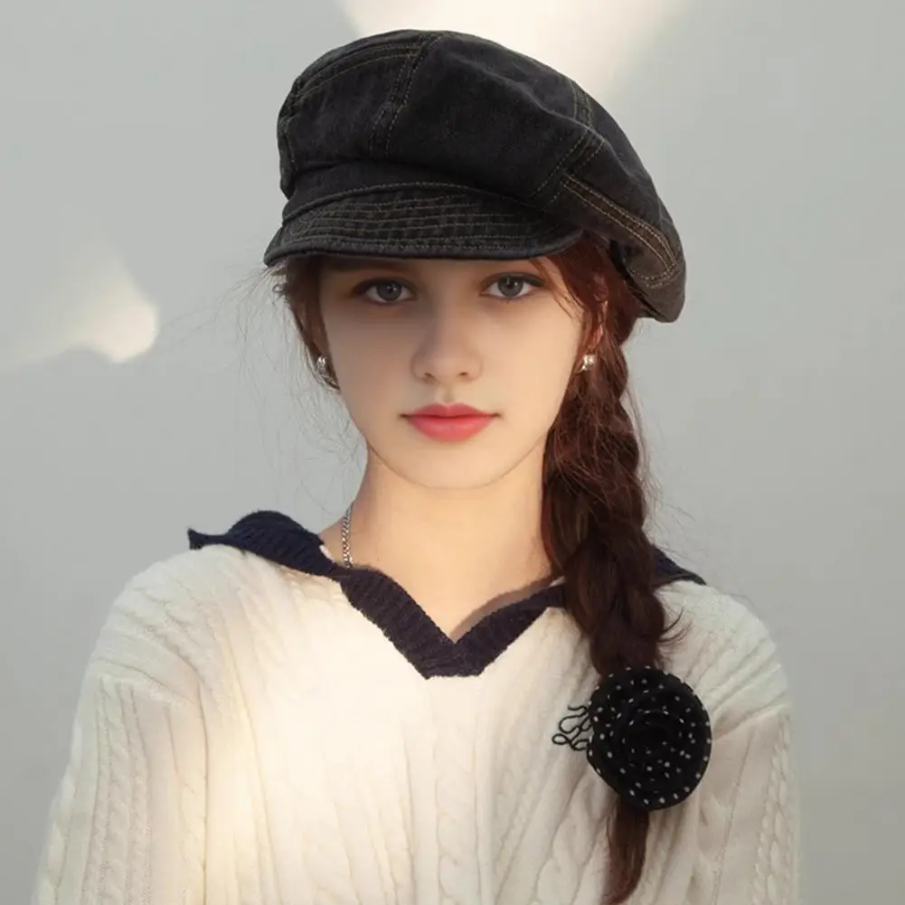 Foldable Denim Hat Women's Denim Newsboy Cap Retro Octagonal Beret Hat Short Brim Cabbie Visor for Spring Summer Travel Outdoor