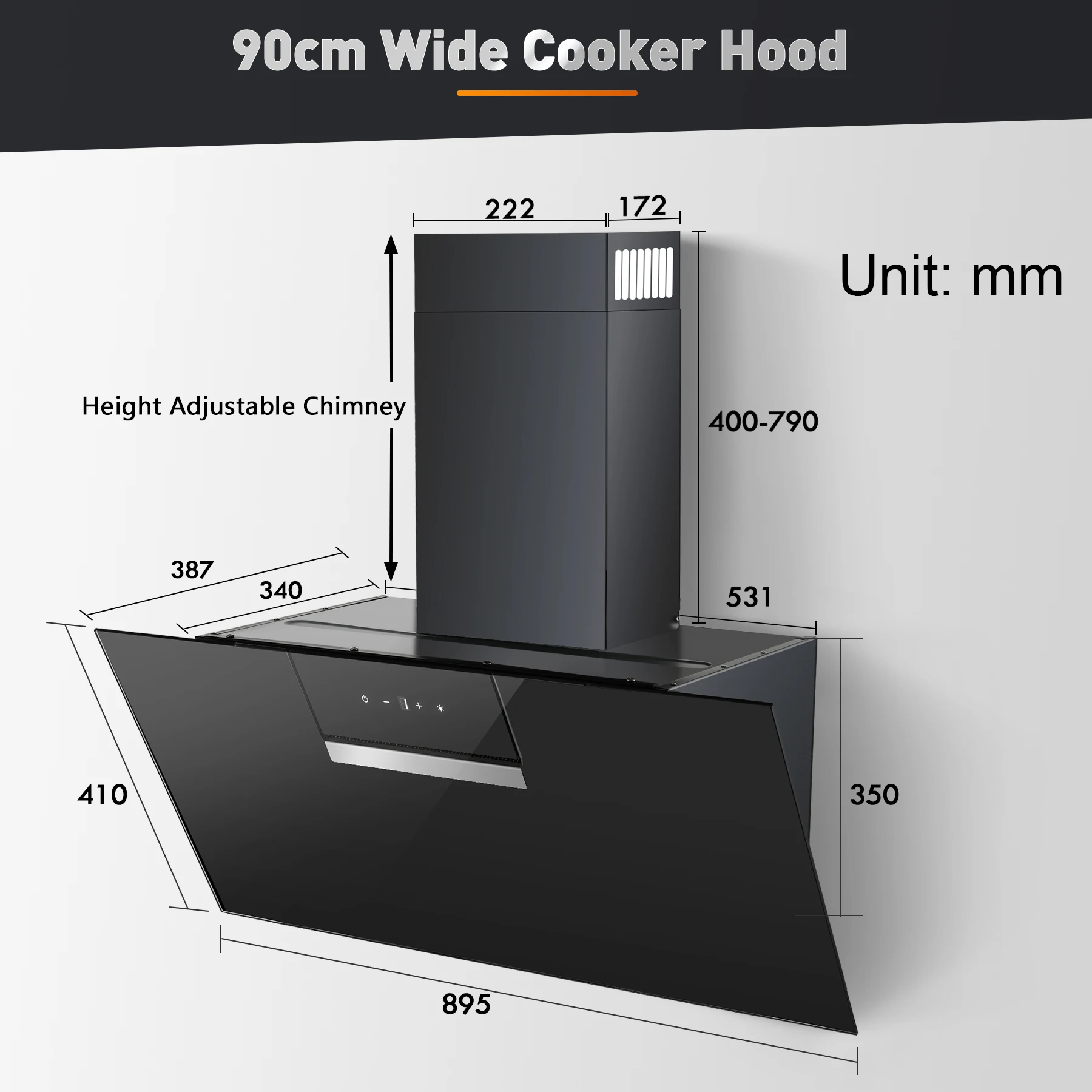 90 cm wandmontierte Dunstabzugshaube 800 m3/h A+++ LED-Touch-Steuerung, schwarzes Glas – Umlauf-/Abluftoption – Detail 10