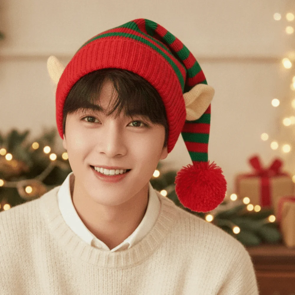 Xmas Costume Headpiece Knitted Christmas Beanie Warm Elastic Pointed Pom Bonnet Novelty Thick Elf Knit Hat Outdoor
