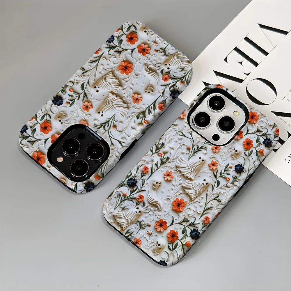 Halloween Ghost Skull Phone Case Imitation Embroidery Flower Frosted Film Phone Cover For Iphone 16 15 14 13 12 11 Pro Max