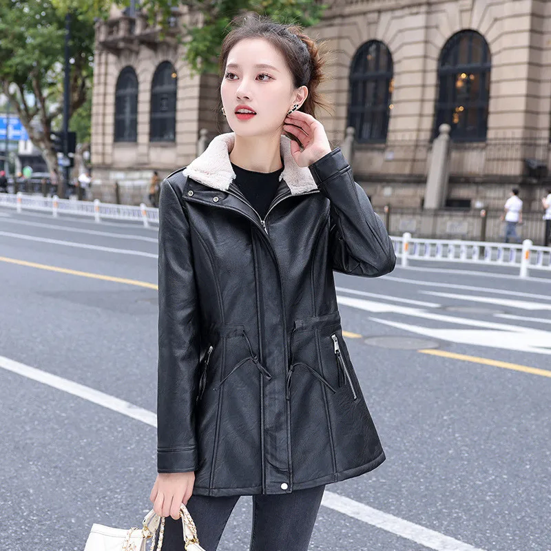 UHYTGF Quality PU Leather Jacket Women Mid Length Lamb Wool Casual Coat Female Slim Autumn Winter Leather Outerwear Ladies 2330