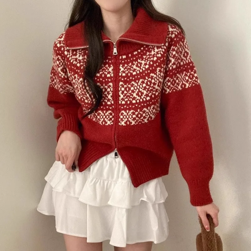 Cárdigan de punto coreano de Jacquard de Navidad Retro con doble cremallera para mujer, moda de otoño e invierno, cuello vuelto, nuevo suéter informal