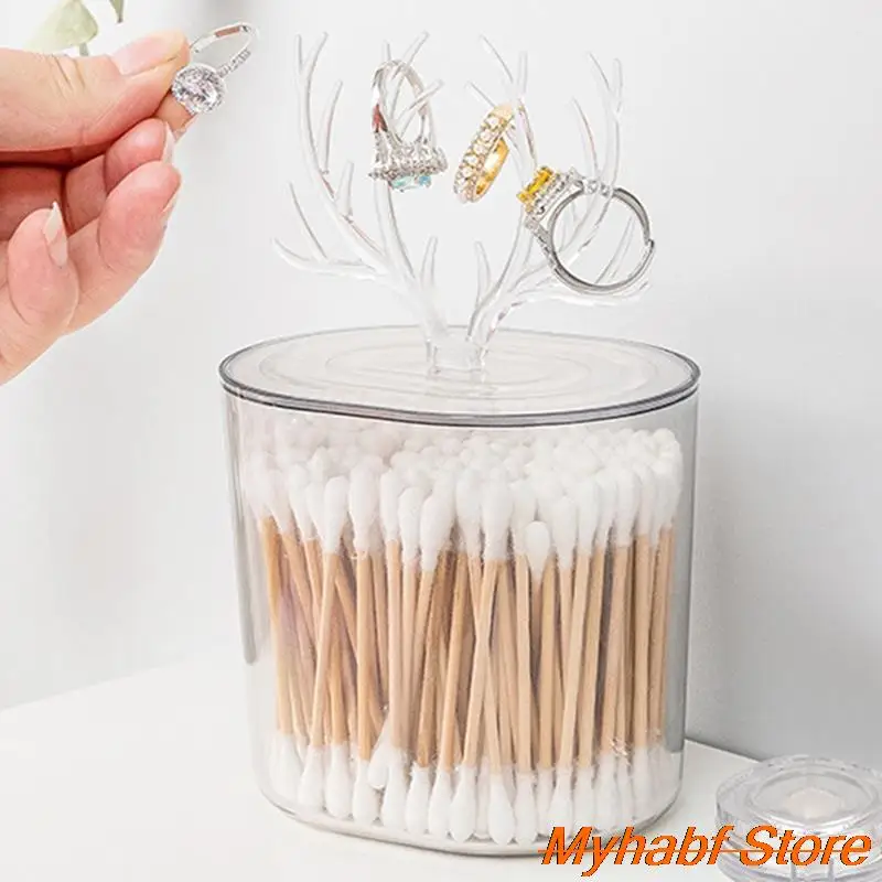 Clear Stroage Box with Antler Lid for Makeup Cotton Pad Holder Necklace Jewelry Display Box Cotton Swab Rod Organizer Home Decor