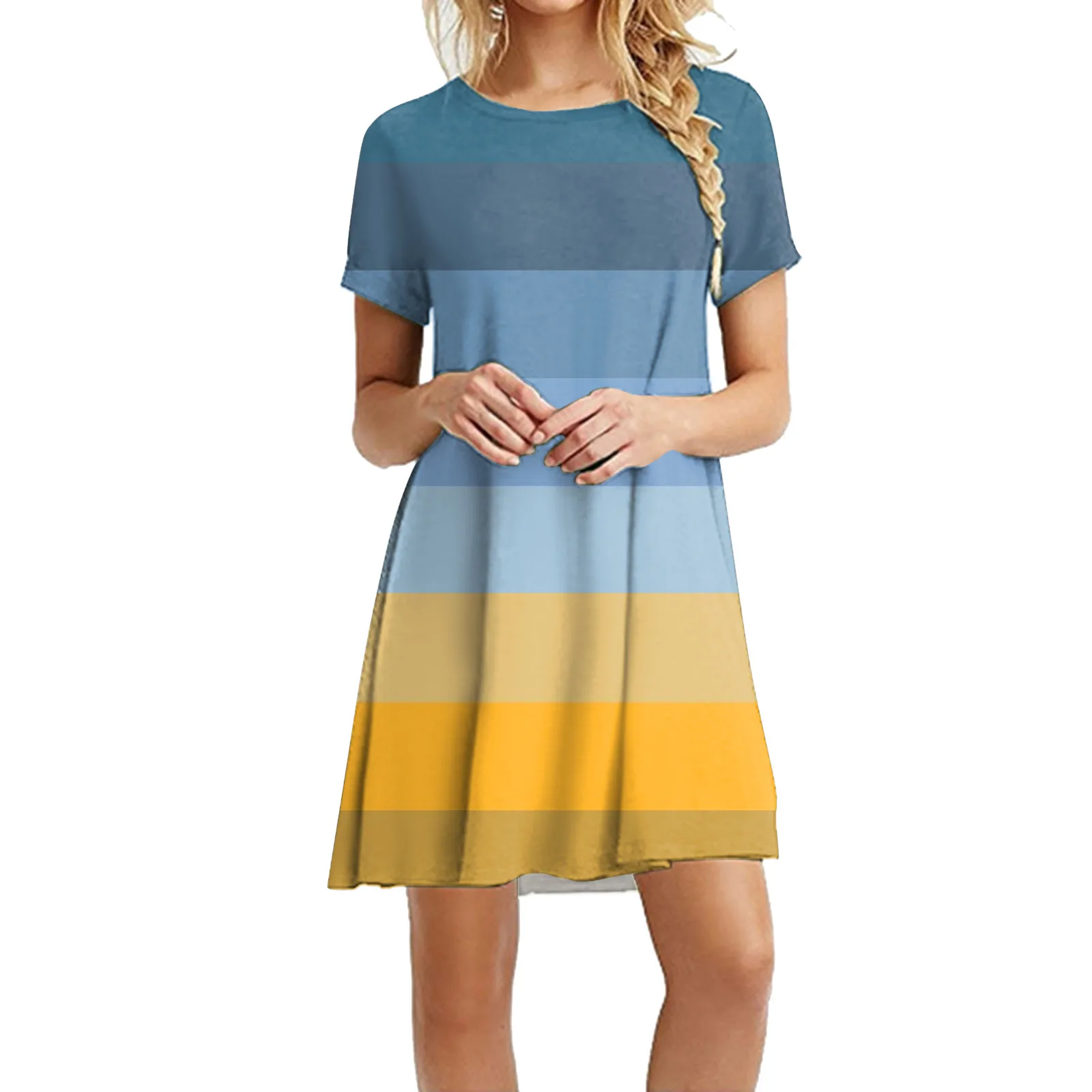 

Женское Повседневное платье в полоску, свободное Плиссированное пляжное платье-трапеция до колен с круглым вырезом и коротким рукавом, лето