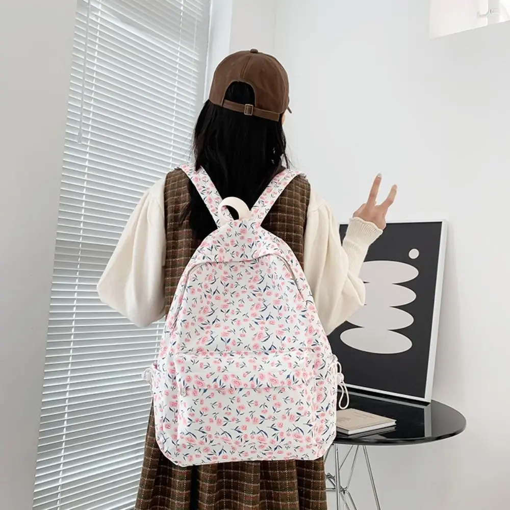 Multi Pocket Fashion Students Backpack Nylon Leisure Floral School Bag Casual Aesthetic Shoulder Bag Travel