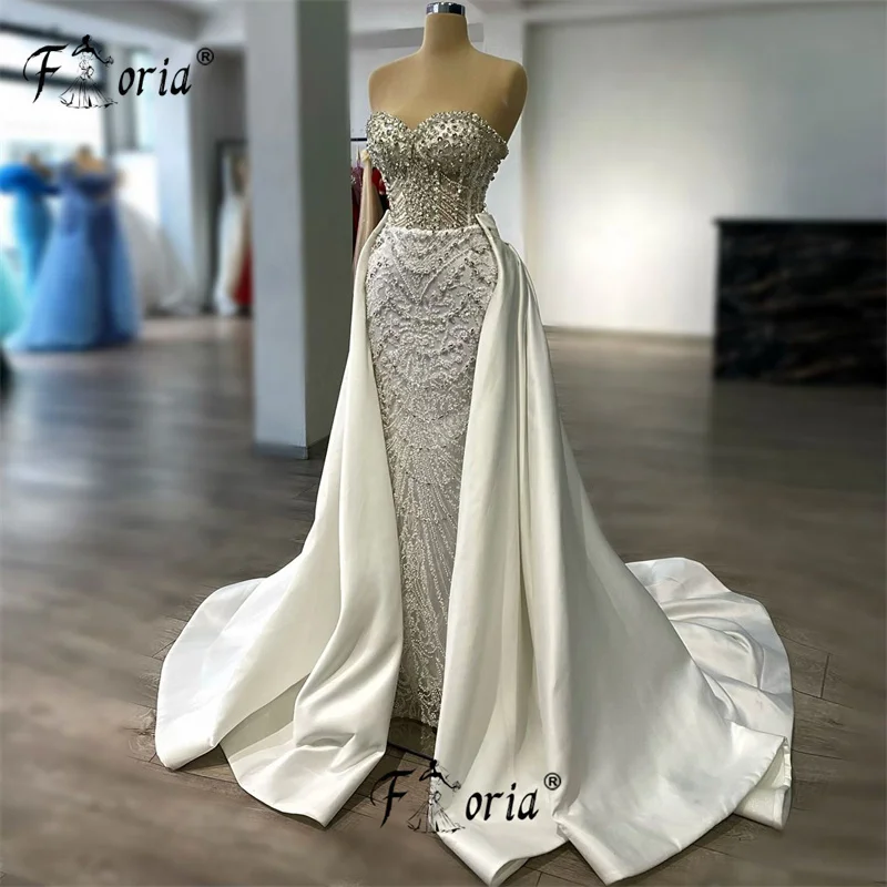 Vestido de novia de lujo de Dubái con escote en forma de corazón de marfil con tren desmontable, cuentas principales, vestido de novia de sirena de encaje de cristal, fiesta especial