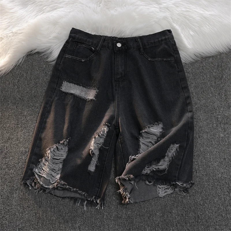 2024 Men Summer Streetwear Fashion Hole Denim Shorts Male New Pockets Casual Short Jeans Mens Loose Knee Length Shorts F11