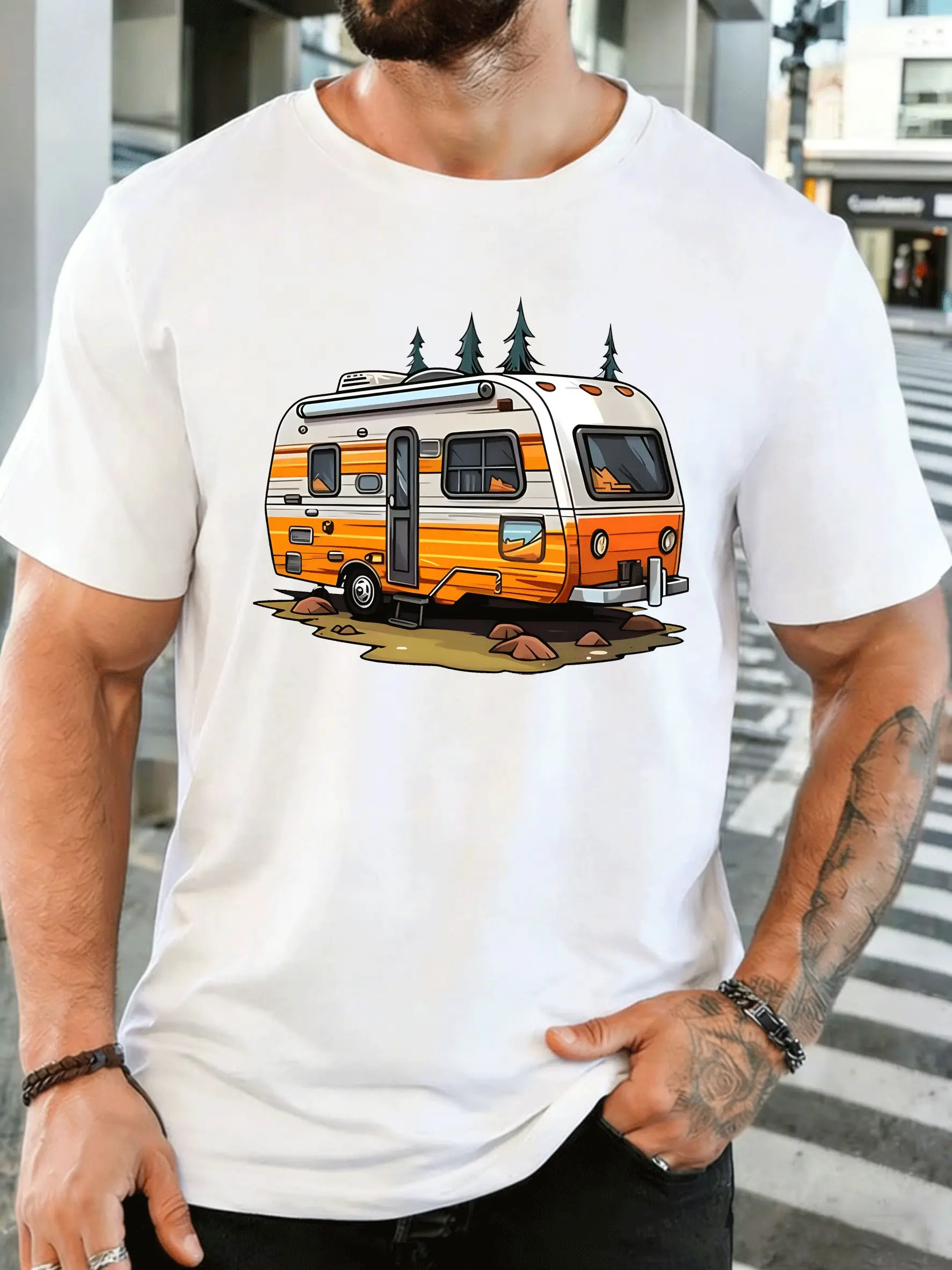 Camiseta de manga corta para hombre con estampado de una furgoneta campera, ideal para acampar y viajar. Camiseta de algodón suave para el verano, de estilo casual y urbano, para hombres adultos.