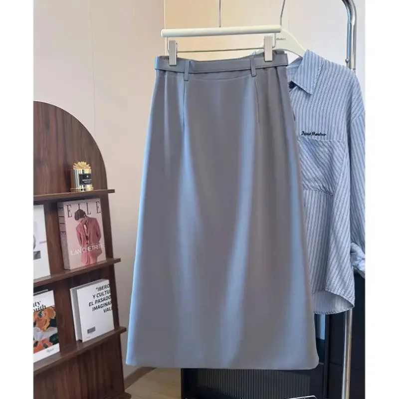 New Elegant Office Lady Skirt Women Spring Summer High Waist Single Breasted A-line Slim Midi Formal Skirs Solid Color Jupe