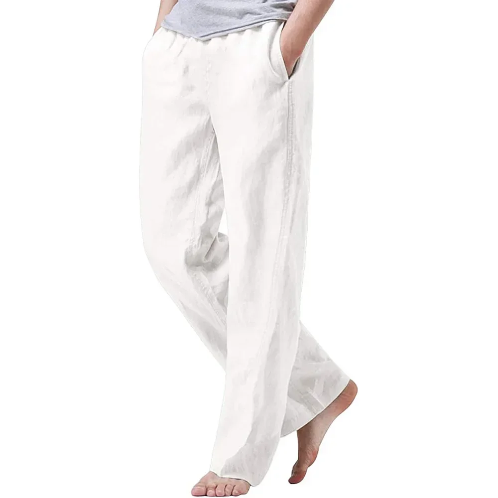 

New Men's Cotton Linen Pants Summer Solid Color Breathable Linen Trousers Male Casual Elastic Waist Fitness Pants