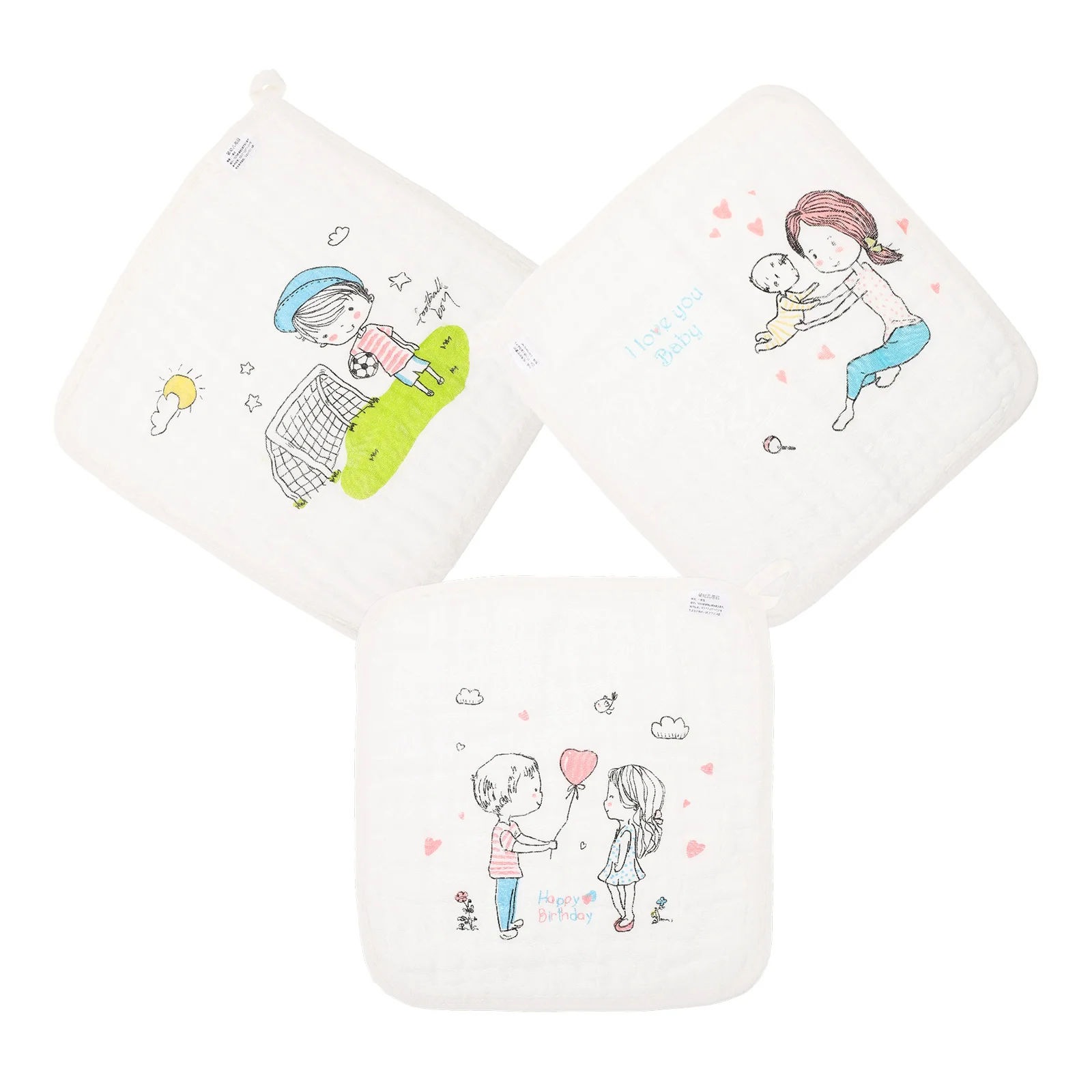 3 stks Baby Kwijlen Slabbetjes Zachte Katoenen Washandjes Cartoon Print Baby Speeksel Handdoeken Kinderen Veeg Doek Hand Gezicht Bad Wit Kinderen