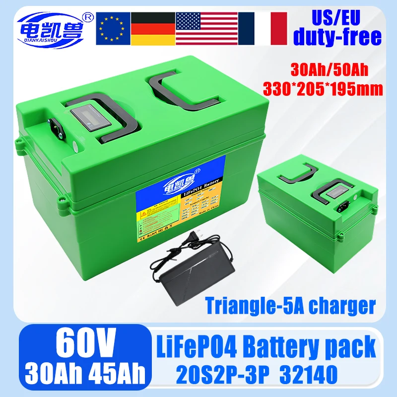 

New 60V 30Ah 45Ah 32140 Lifepo4 Rechargeable Battery Pack 20S2P with Display 3200W High Power Built in 50A BMS Electric Vehicle