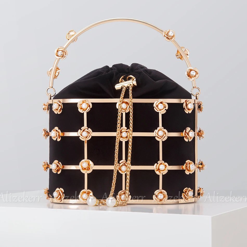 Women Metal Cage Evening Clutch Bags Bridal Luxury Hollow Out Velvet Metallic Flower Pearl Purses And Handbags Wedding Party