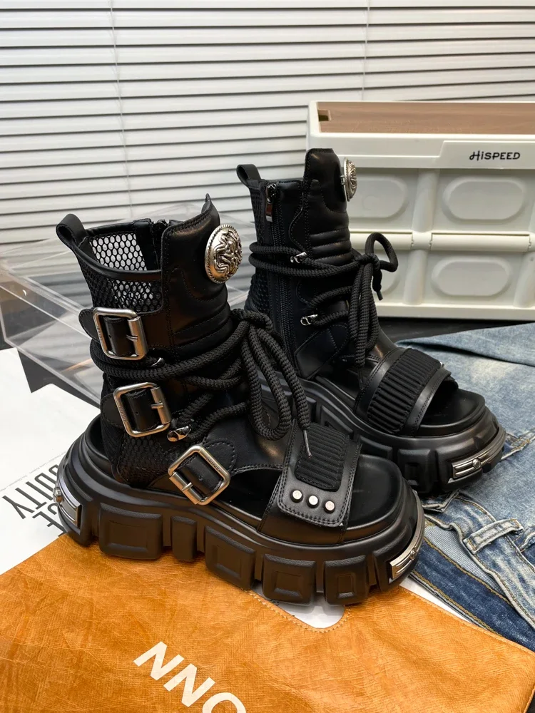 Fashion Genuine Leather Motorcycle Boots Rock Punk Tank Sole Buckle Strap Sandal Boots Metal Hook&Loop Casual Platform Shoes
