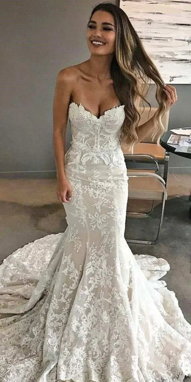 Vestidos De Novia De sirena con Apliques De encaje personalizados, Vestidos De Novia bohemios sexis sin tirantes, Vestidos De Novia 2025