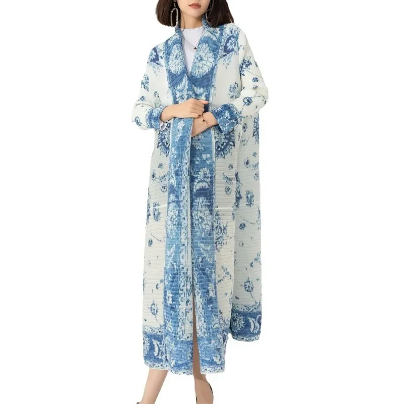 Miyake Pleated Turndown Collar Vintage Printed Long Sleeve Dress Women 2024 New Original Designer Abaya Fashion Classical Coats