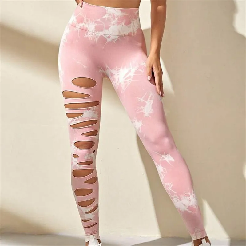 2023 Hollow Tie Dye Yoga Pants High Waist And Hip Lift Fitness Pants Running Pants Yoga Suit Women's Abdominal Tights