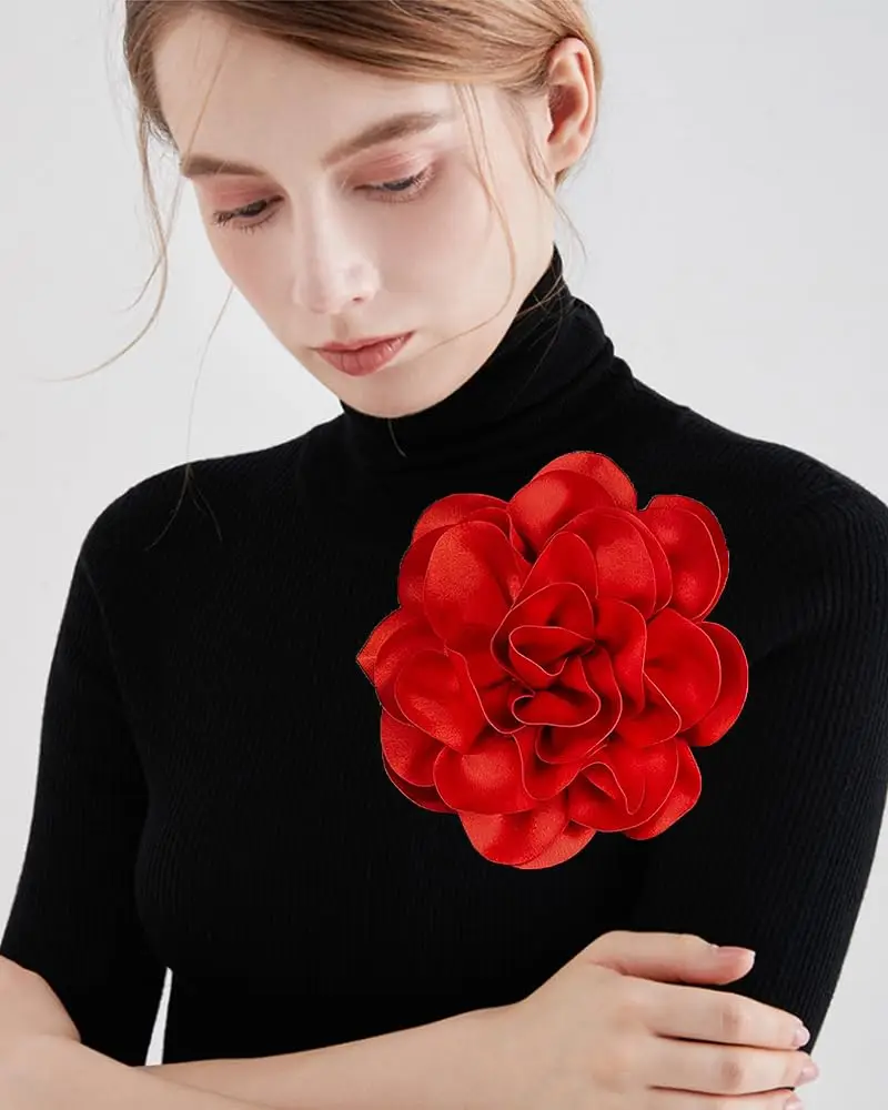 Oversized Brooch Pin for Women Rose Flower Brooches Lapel Pins Delicate Elegant Silk Clothes Accessories Camellia Flower