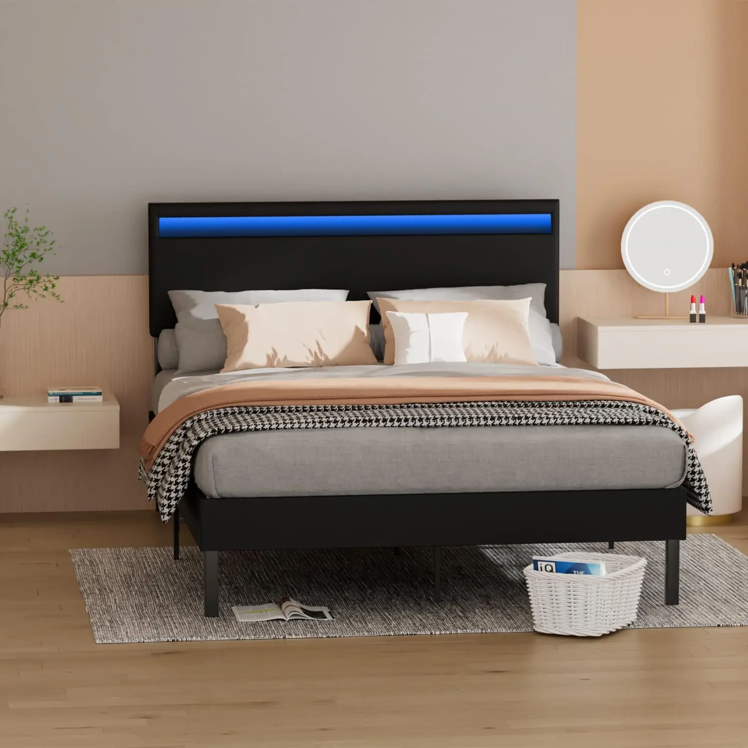 Polsterbett 140x200cm mit LED-Beleuchtung, Bettgestell mit Kopfplatte, stabiler Holzlattenrost +