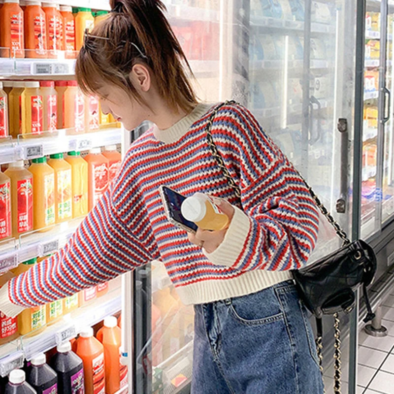 Knitted Sweater Women Pullovers New Long Sleeve O-Neck Striped Knit Sweater Pullover Women Tops Sweaters Sueters De Mujer Q1247