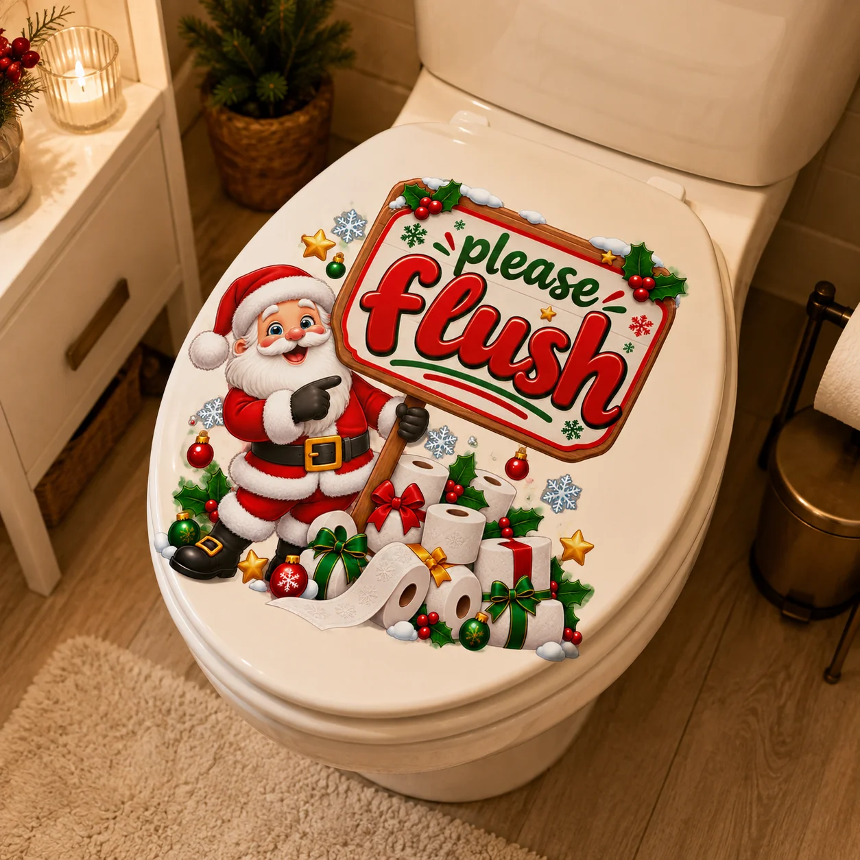 Funny Christmas Toilet Lid Sticker Santa Claus Please Flush Xmas Snowflake Winter Holiday Bathroom Decor Decal