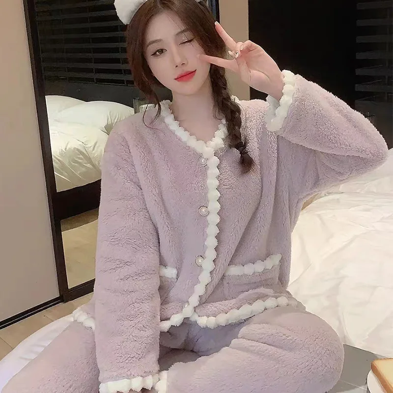 

Winter Pajamas Set For Women Pijama Purple Coral Velvet Home Clothes Long Sleeve Sleepwear Two-piece Top Trousers Sets Pyjama