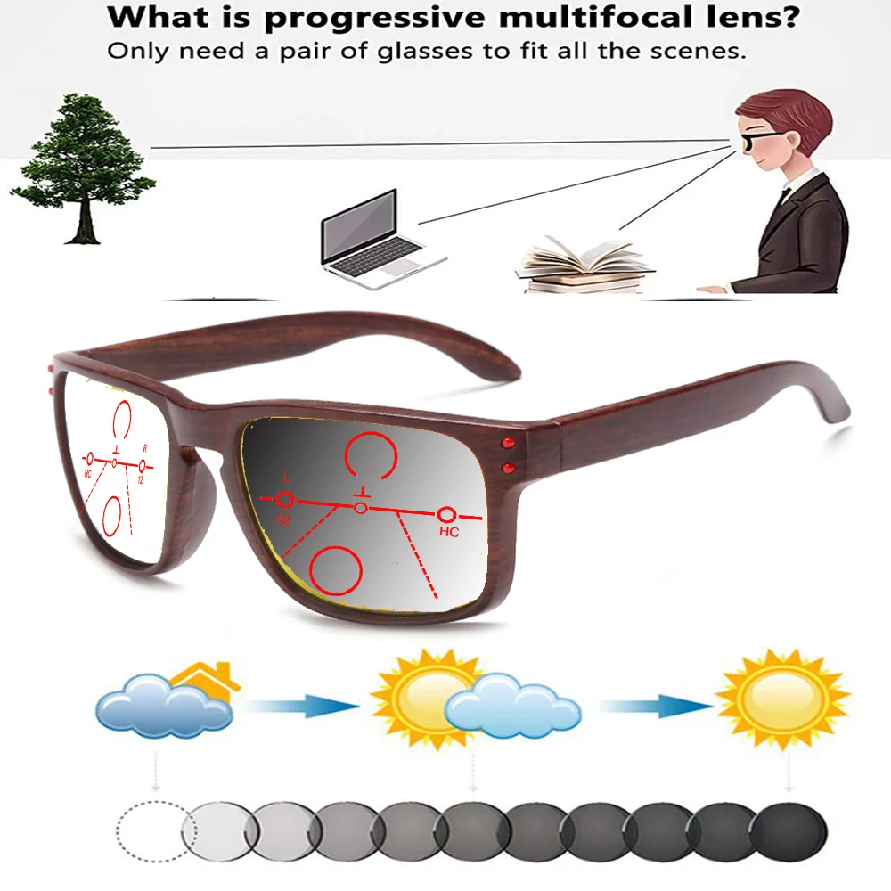 

Square Bamboo Wood Oversized Frame Comfortable Photochromic Progressive Multifocal Reading Glasses +0.75 To +4