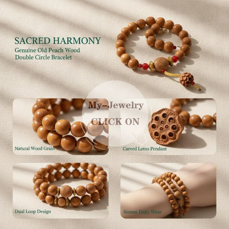 Natural Wood Bead Bracelet Carved Lotus Jade Pendant Unisex Jewelry for Yoga Meditation Holiday Gift Daily Use