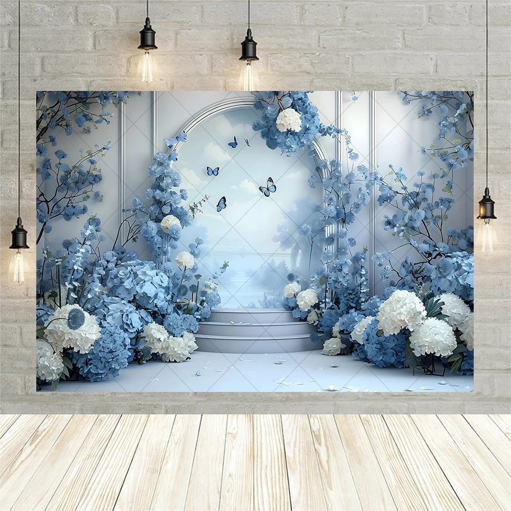 Blue Gradient Butterfly Wedding Photography Background Custom Fantasy Flowers Portraits Photo Decor Backdrop Photo Studio Props