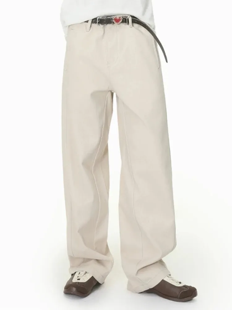 Men's Baggy Refined Pants American Casual Beige Jeans Contrast Stitching High End Cotton Comfortable Daily Bottoms 33UB