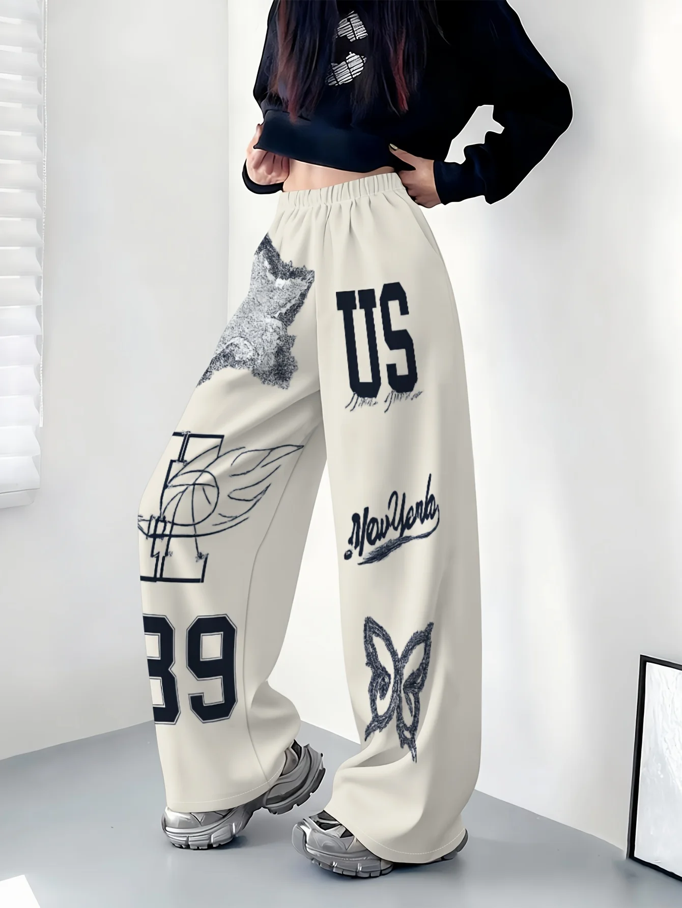 2026 New Model Men Gothic Vertical Graphic Wide Leg Sweatpants Drawstring Loose Straight Baggy Y2K Dark Punk Streetwear Pants.